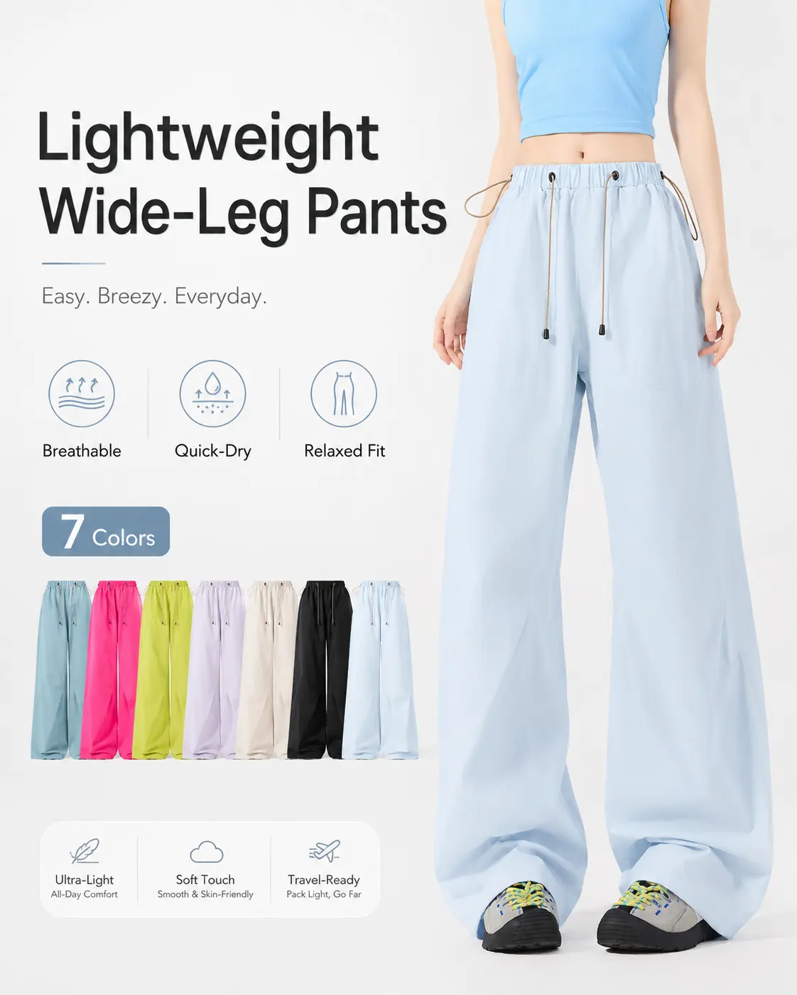 Women’s high-waisted, drapey wide-leg parachute pants — lightweight for summer, quick-drying, slimming, mountain/outdoor casual style, floor-length trousers