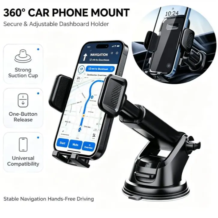 360-Degree Rotating Suction Cup Car Phone Holder, Mobile Phone Suction Cup Dashboard Navigation Holder, Universal Smart Phone Holder, Adjustable Free-Hand Phone Holder Suitable For Car Dashboard so porte para telefono auto brackets campingessentials