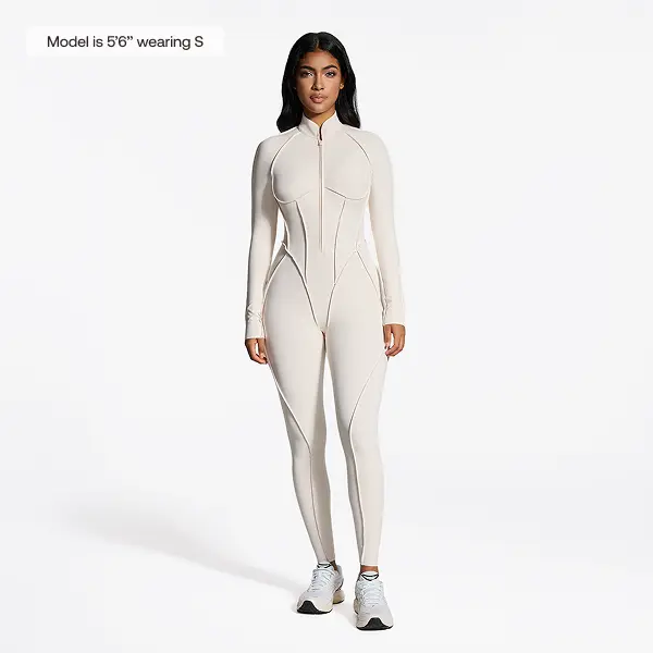 BetterMe Women's Long Sleeve Zip-Front Open-Back Catsuit, Full-Length Compression Jumpsuit for Workout Yoga Gym Activewear