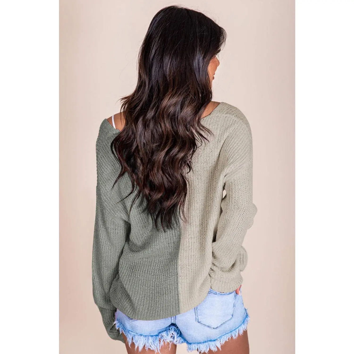 Pink Long Sleeve V-Neck Colorblock Sweater