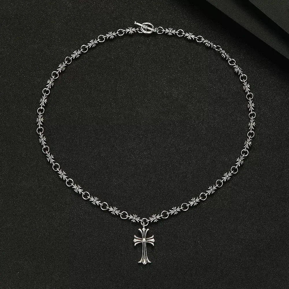 Vintage Silver Cross Pendant Necklace - Gothic Punk Style Cross Necklace for Men, Flower Chain Choker Costume Jewelry, Cross Necklaces, Silver Cross Necklaces, Gothic Punk Style Necklaces