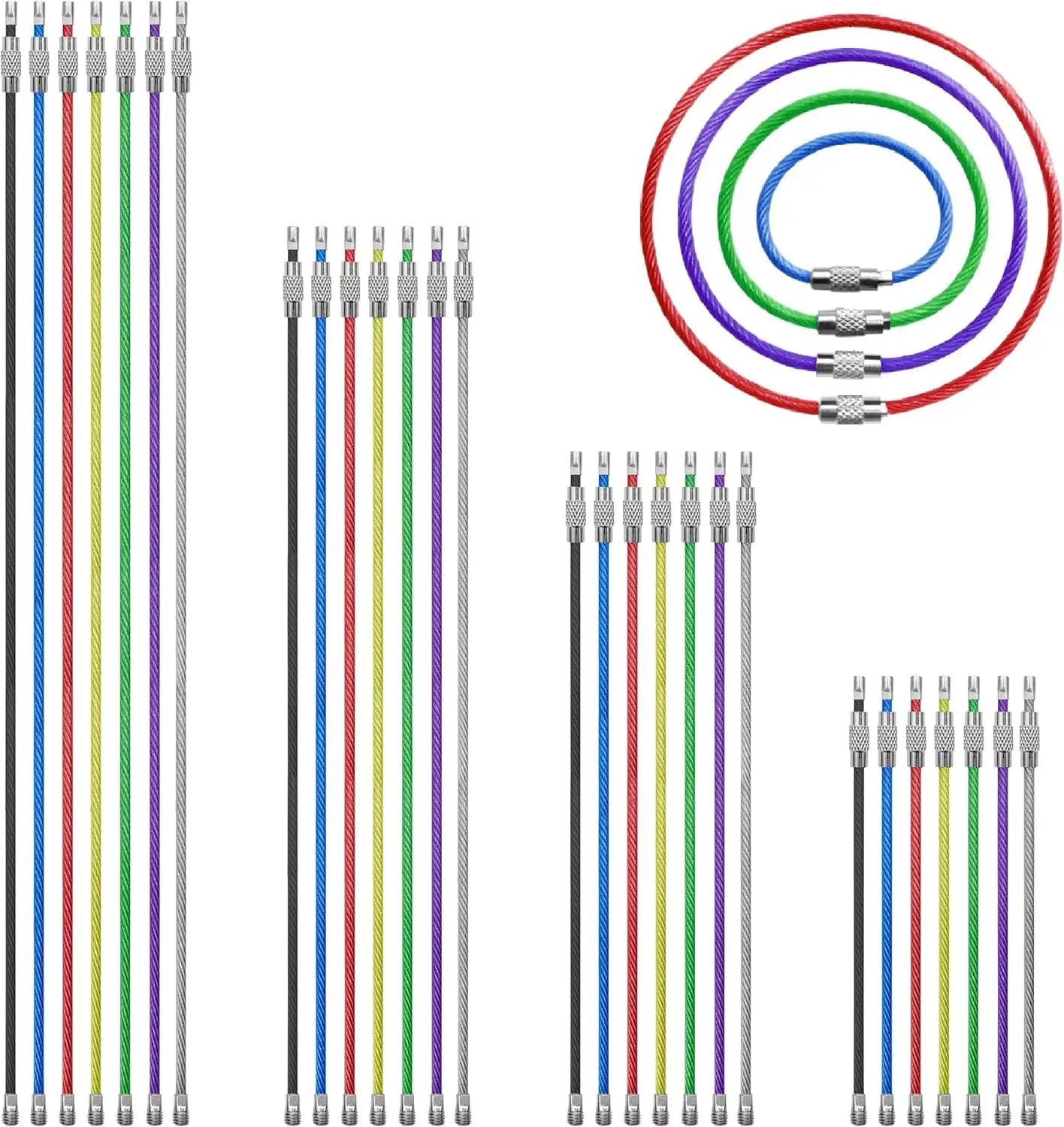 28 count Metal Wire Keychains, 2mm Stainless Steel Connecter Key Rings Loops, 4" 6" 7.8" 10"  Keyrings Key Chain for Hiking Luggage ID Tags,Key Tags, Kitchen Utensils-7 Colors
