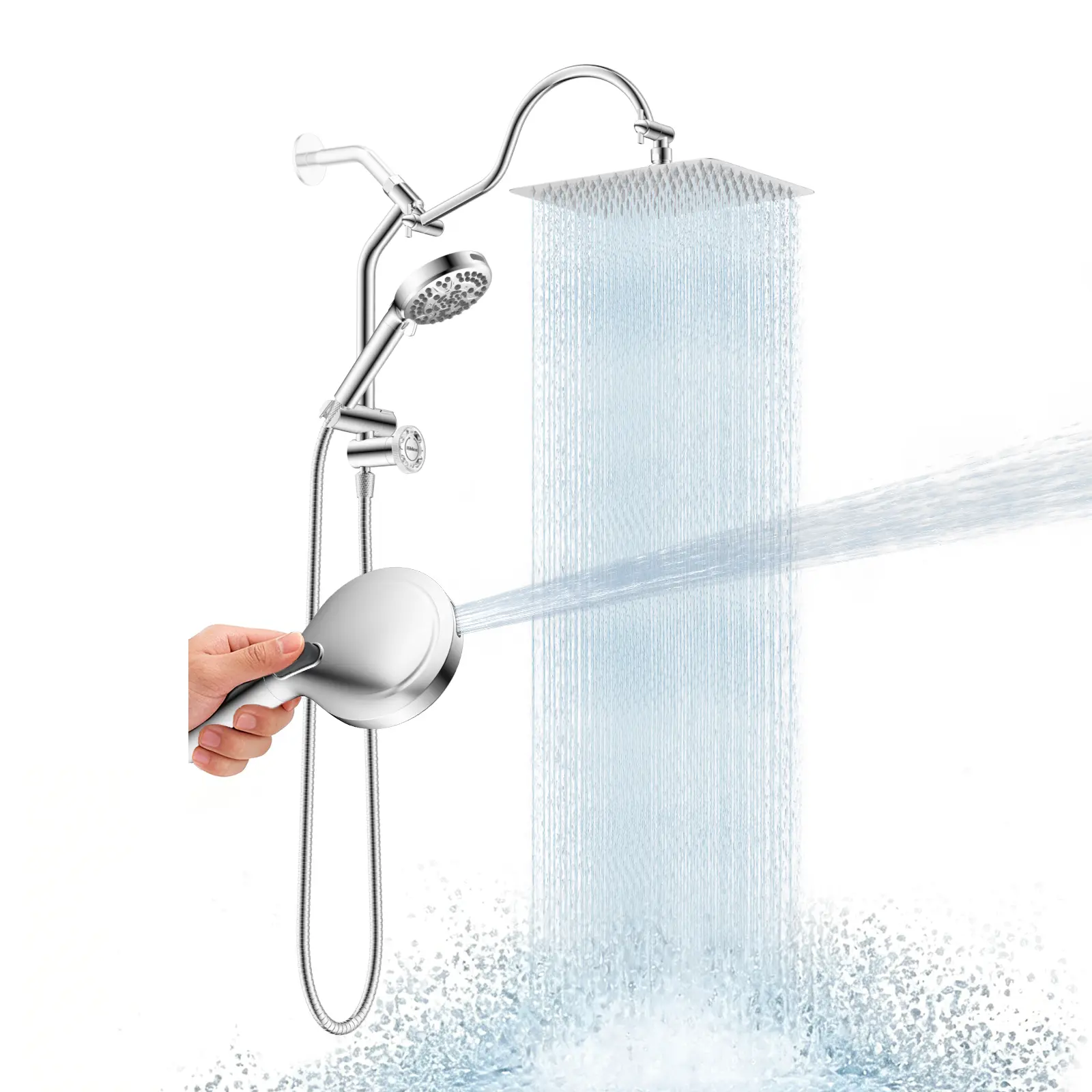 Hibbent cUPC Certified All-Metal Brass 10-in Rain Shower Head Combo Set for Baby Bath, High-Pressure 4-Spray Rustproof Fixed Head, 10-Spray Handheld, 4-Way Pause Diverter, 71-in Hose, Adjustable Holder, Chrome, 10 Inches