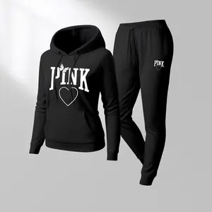 Women’s Cute Pink Heart Print Hoodie and Drawstring Sweatpants Set, Adorable Two-Piece Athleisure Outfit, Long Sleeve Hooded Jacket & Pants, Cozy Fall Winter Indoor Outdoor Casual Wear