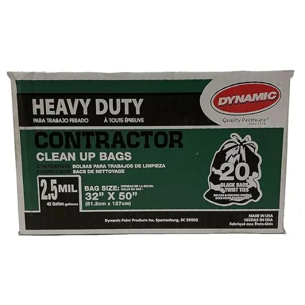 212 MAIN Dynbags 00038 Heavy-Duty Contractor Trash Bags - 42 Gal, 2.5 Mil, Dynamic Black Recycled Resin, Twist Tie, Sturdy Waste Bags, Pack of 20