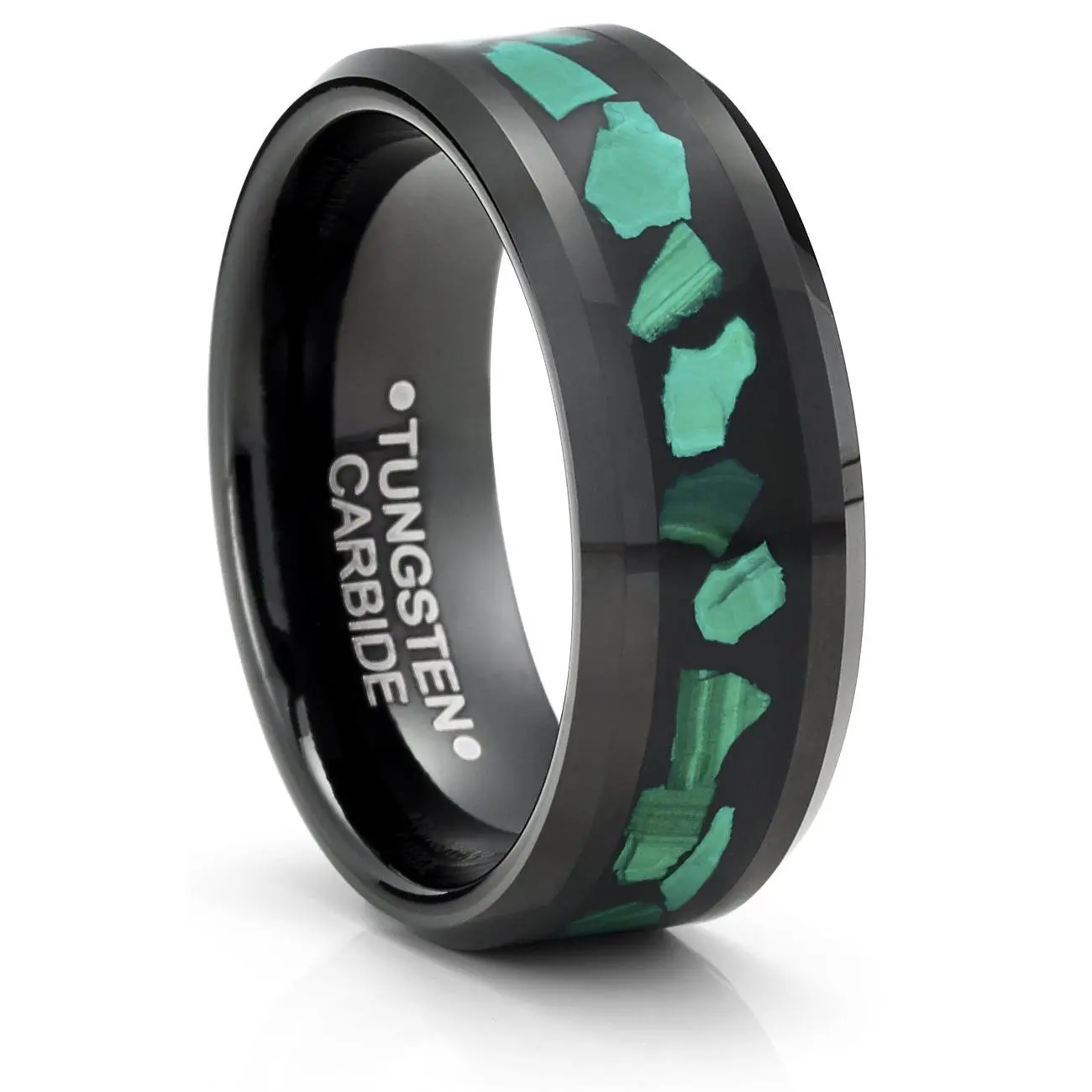 Men's Tungsten Carbide Wedding Band, 8mm Black Ring with Green Malachite Inlay, Comfort-Fit, Scratch-Resistant Jade Ring