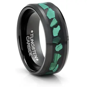 Men's Black Tungsten Ring Wedding Band Green Malachite Inlay 8MM Comfort-Fit