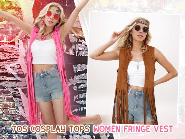 Women's Vintage 60s-70s Polyester Hippie Costume Set - Retro Fringe Vest Cowgirl Outfit with Flower-Crystal Headband, Sunglasses, Earrings, Necklace for Halloween Fancy Dress Cosplay