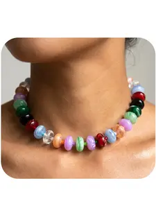 1pc Colorful Beaded Necklace Y2K Bohemian Aesthetic Multi-color Swirl Marble Resin Chunky Choker for Women Girls Summer Beach Party Jewelry Gift