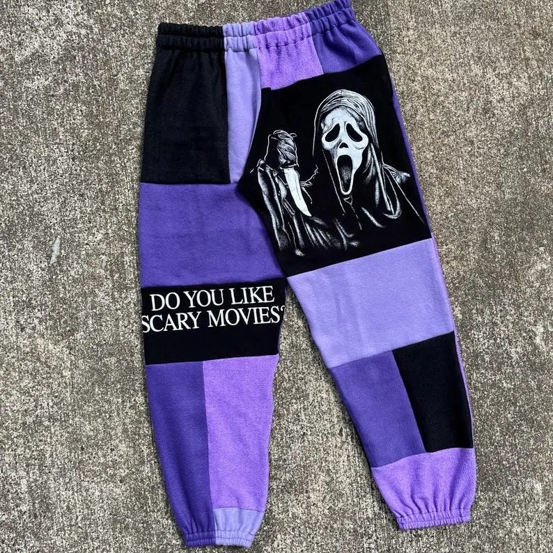 Horror Movie Purple Graphic Patchwork Sweatpants Women Men Vintage Scary Movie Art Joggers Halloween Gothic Y2K Streetwear Elastic Waist Casual Sweat Pants