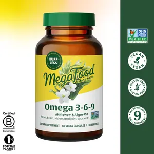 MegaFood Omega 3-6-9-Vegan Omega Supplement made with Ahiflower & Algae Oil. Burpless & Better Tasting with Lemon Oil Coated Capsules. 30 Servings