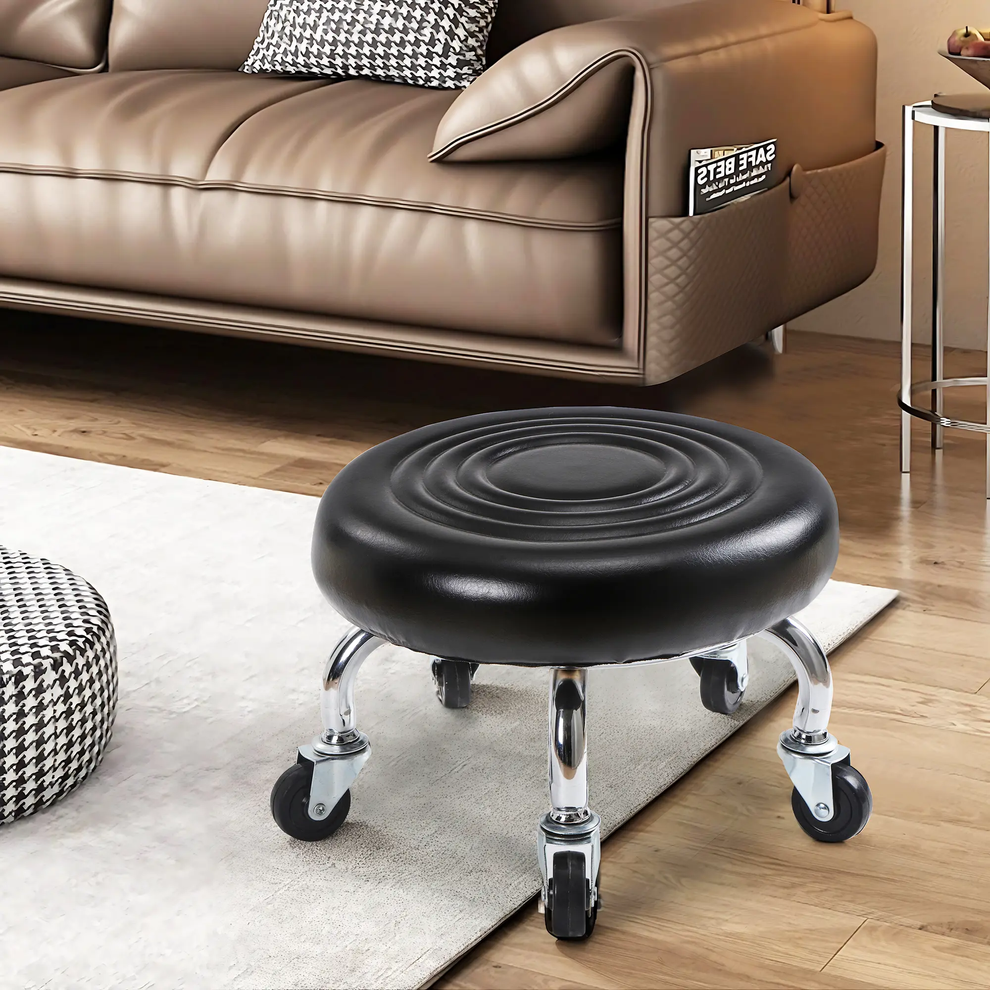 VECELO Modern Roller Seat Round Rolling Stool 360° Rotating Small Stool with Universal Casters Footstool for Home Office Garage Shop Fitness Exercise