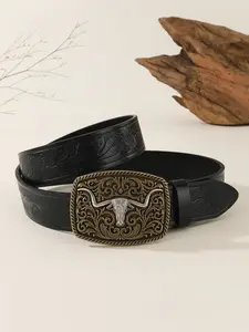 Western Style Buckle Belt for Men and Women, PU Leather, Elegant Design, and Options, Detachable Buckle, All Seasons, Textured Belt