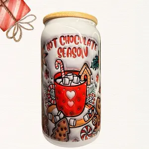 16oz Christmas White Glass Cup with Festive Hot Chocolate Season Design and Wooden Lid