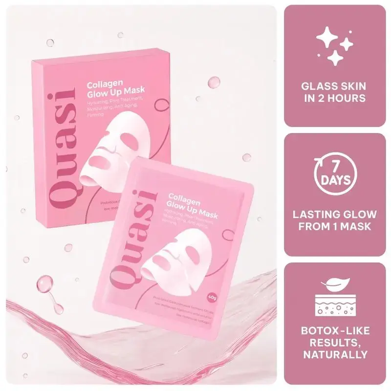 Quasi Collagen Glow Up Mask 2.0, Quasi BioCollagen Face Mask, Firm Skin Deep HydratingMasks for Wrinkle Reduction and PoreMinimization - Glow like Glass Skin (2 Box × 8Pcs)