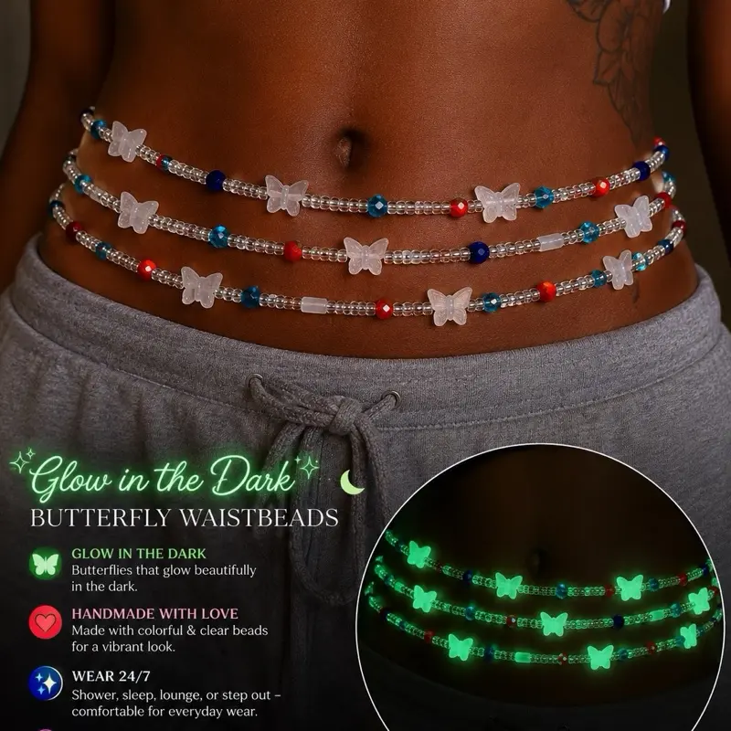 Glow in the Dark Handmade Waistbeads with Colorful Beads and Clear Beads