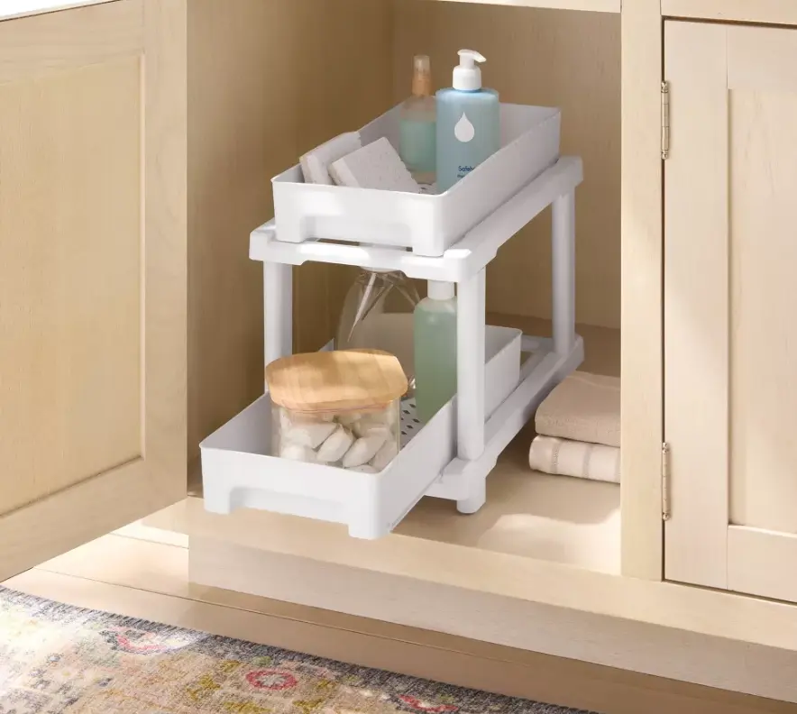 White 2-Tier Under Sink Storage Organizer, Pull Out Sliding Cabinet Shelf for Kitchen & Bathroom Cabinet