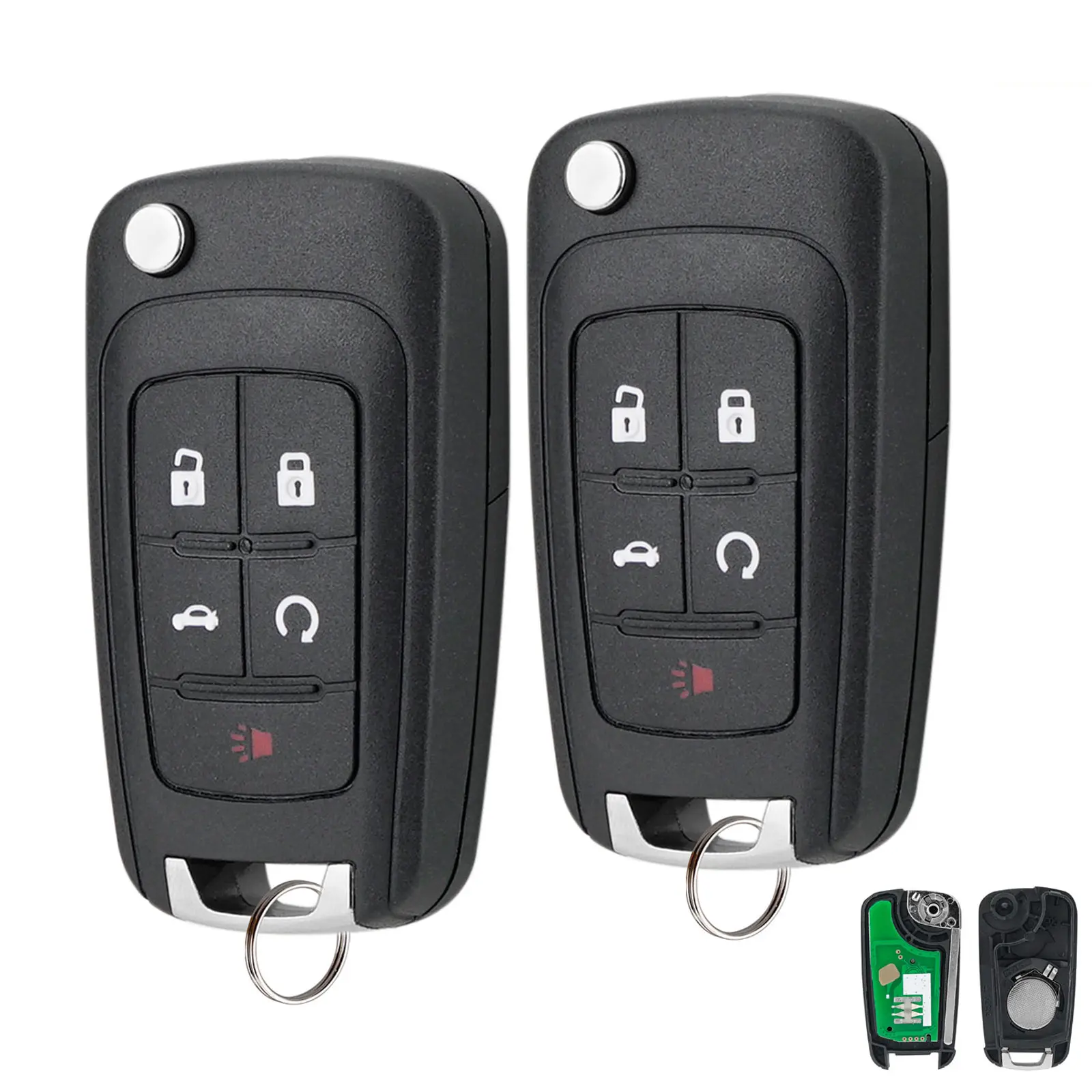 2x Vehicle Replacement 5-Button Keyless Entry Flip Remote Control Key Fob (Lock, Unlock, Panic, Trunk, Start) with Key Blade & Batteries, OHT01060512 for Chevrolet Cruze, Equinox, Sonic; GMC Terrain; Buick 2010-2016 LaCrosse, 2010-2017 Regal, Verano