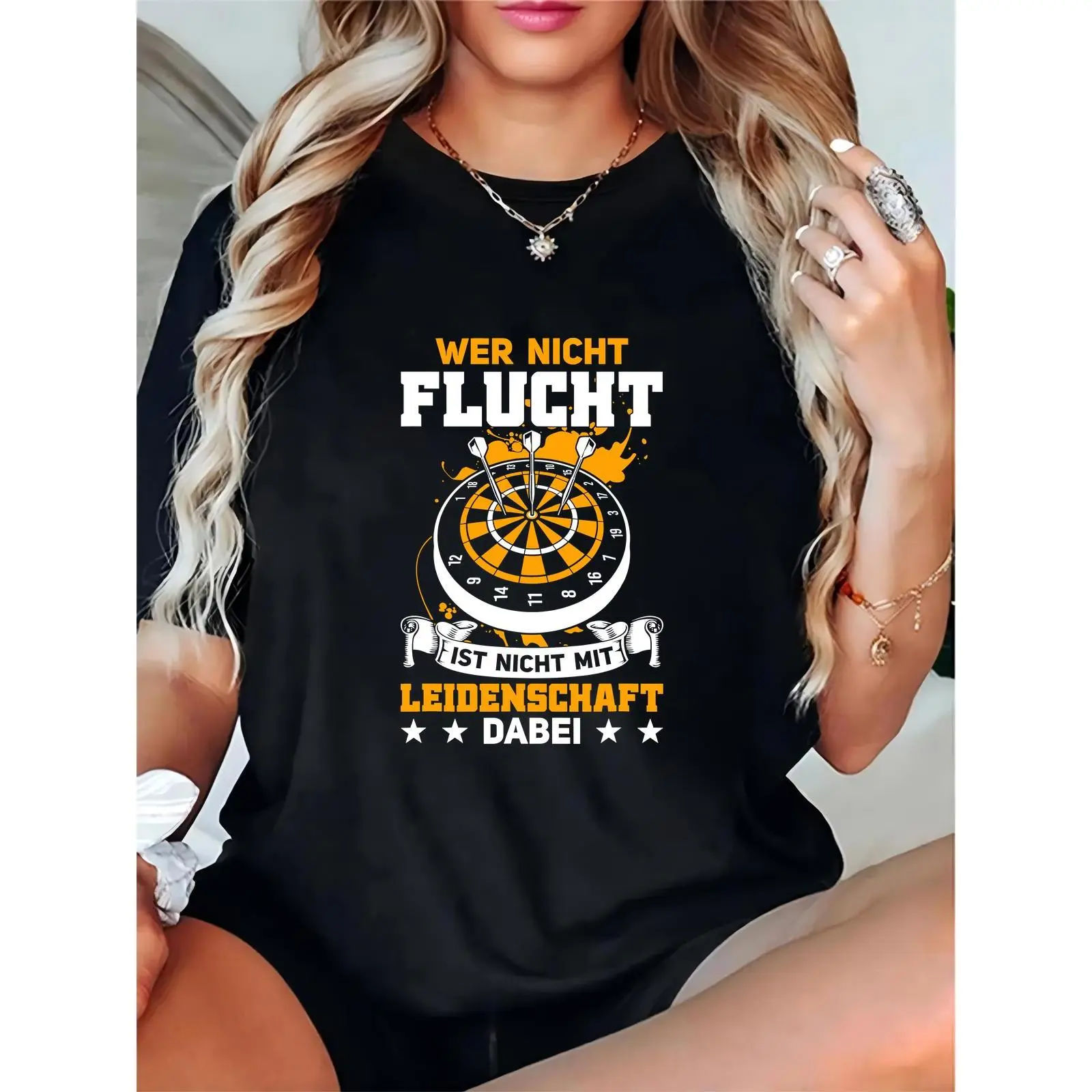 Women's Funny Dartboard & Darts Graphic T - Shirt, Casual Crew Neck Tee for Dart Lovers & Sports Enthusiasts, Perfect for Game Nights, Casual Outings & Dart Tournaments, Prints, Day, Comfortable, Basic, Shortsleeve