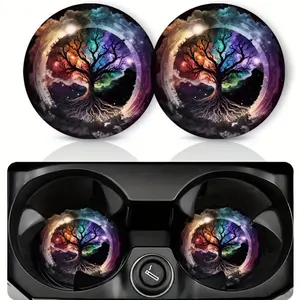 2pcs Rainbow Tree Pattern Car Coasters, EVA Non-Slip Shockproof Universal Fashion Car Accessories, Cup Holder Inserts, Party Gifts, Christmas Presents, Travel Musthaves, Holiday Presents, Decorative Coasters, Durable Accessory, Car Interior Accessory