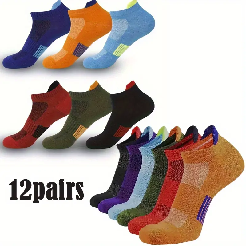 Men's 12-Pair Minimalist Basic Low-Top Athletic Socks - Sweat-Absorbing, Quick-Drying, Towel-Bottom, Non-Slip, Twist-Resistant Polyester Activewear for Running, Training, Casual Use, Machine Washable, Menswear, Foldable, Invisible, Portrait, 12 Pairs
