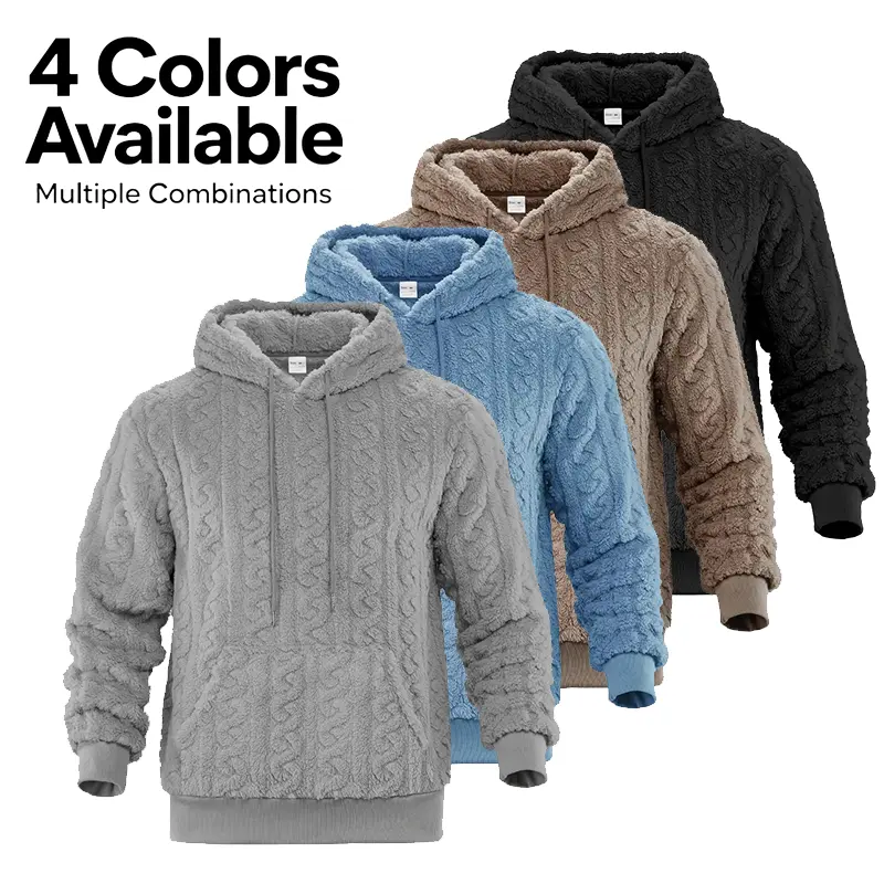 Men’s textured fleece hoodie, warm Sherpa fleece pullover with kangaroo pocket, casual streetwear top for winter, available in 4 colors wardrobe fall clothes male clothing style trendy outerwear