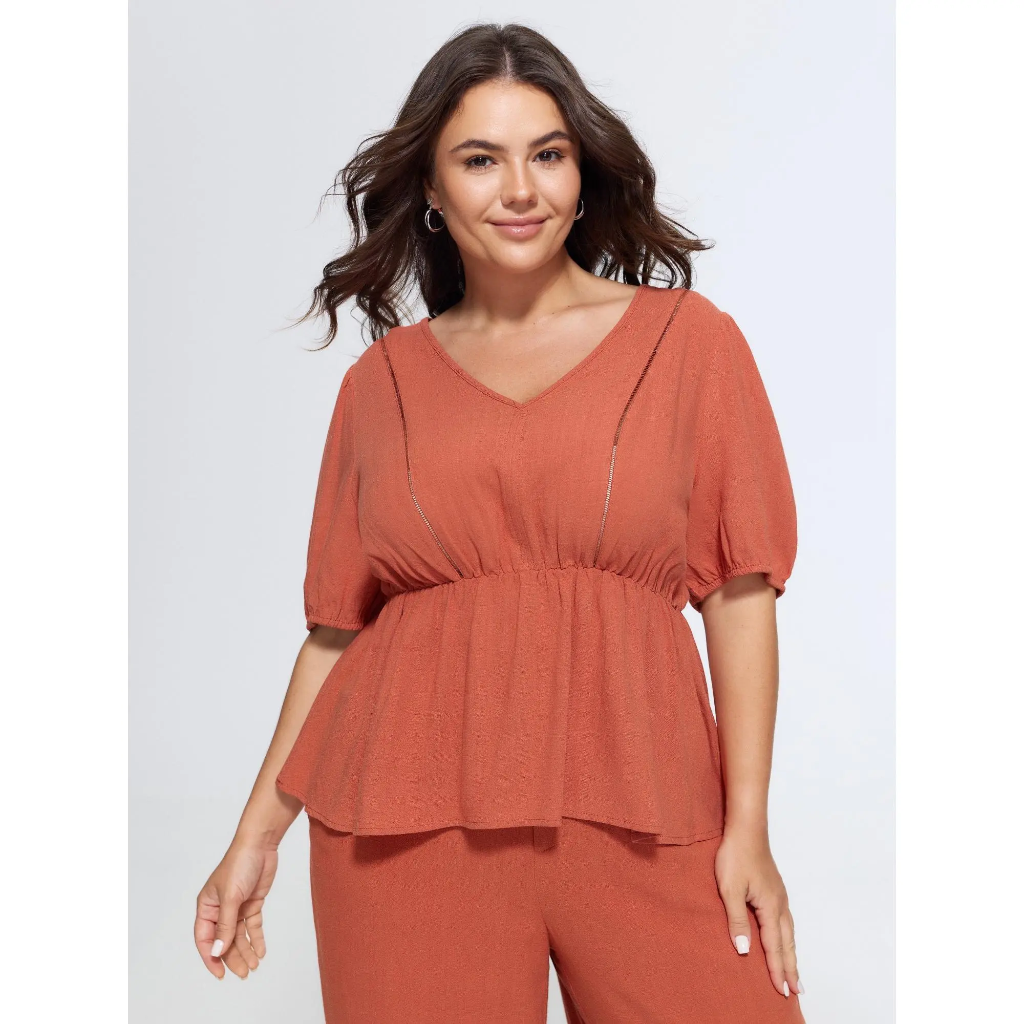BloomChic Plus Size Casual V-Neck Peplum Blouse in Textured Linen Blend with Puff Sleeves, Smocked Waist and Lace Trim, Sleeve, Fabric, Top, Women, Shirts, Garment, Smooth