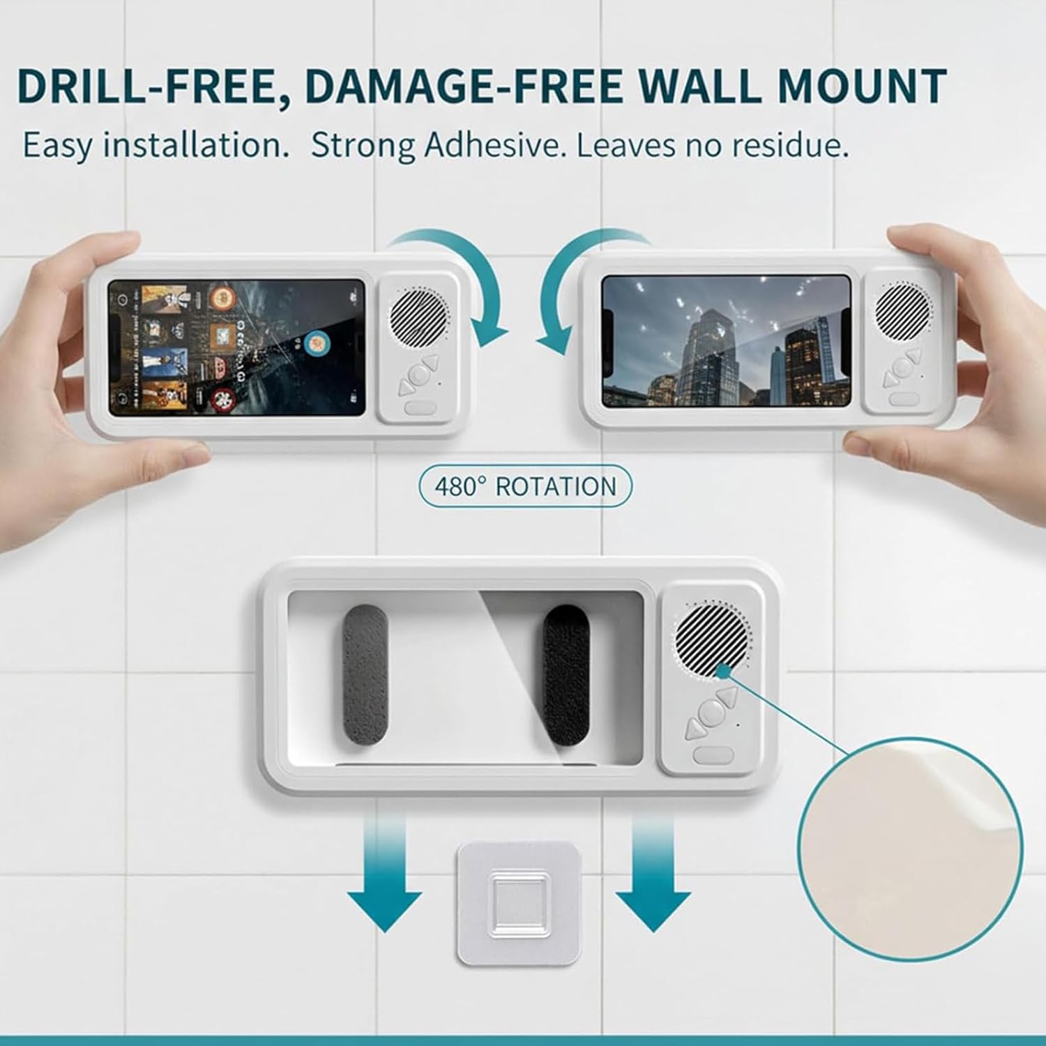 Waterproof Shower Phone Holder with Bluetooth Speaker – 2026 New IPX8 Waterproof Wall Mount, Universal Fit for All Smartphones, Bathroom & Shower Mirror Mount with Hands-Free Stand Stream Cellphone Adjustable