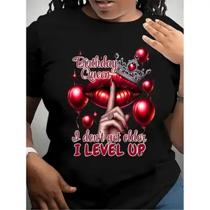 Queen's Birthday Queen Pattern T-shirt, polyester blend, Casual round-neck T-shirt with balloon and lip print, regular length, knitted fabric, suitable for all seasons, Allseason Top |   Humorous design |   Medium elasticity