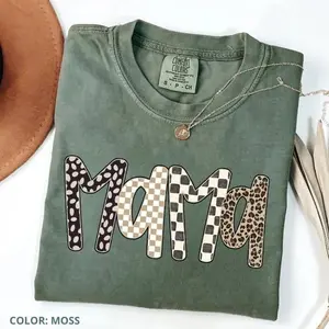 Comfort Colors Leopard Mama Graphic T Shirt, Retro Checkered Mom Tee, Mother’S Day Shirt, Cute Neutral Mama Tee