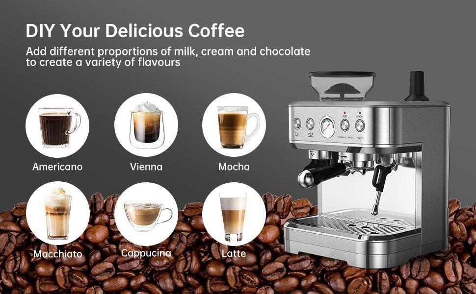 GARVEE 1350W 120V 15 Bar Espresso Machine with Grinder & Milk Frother, Automatic