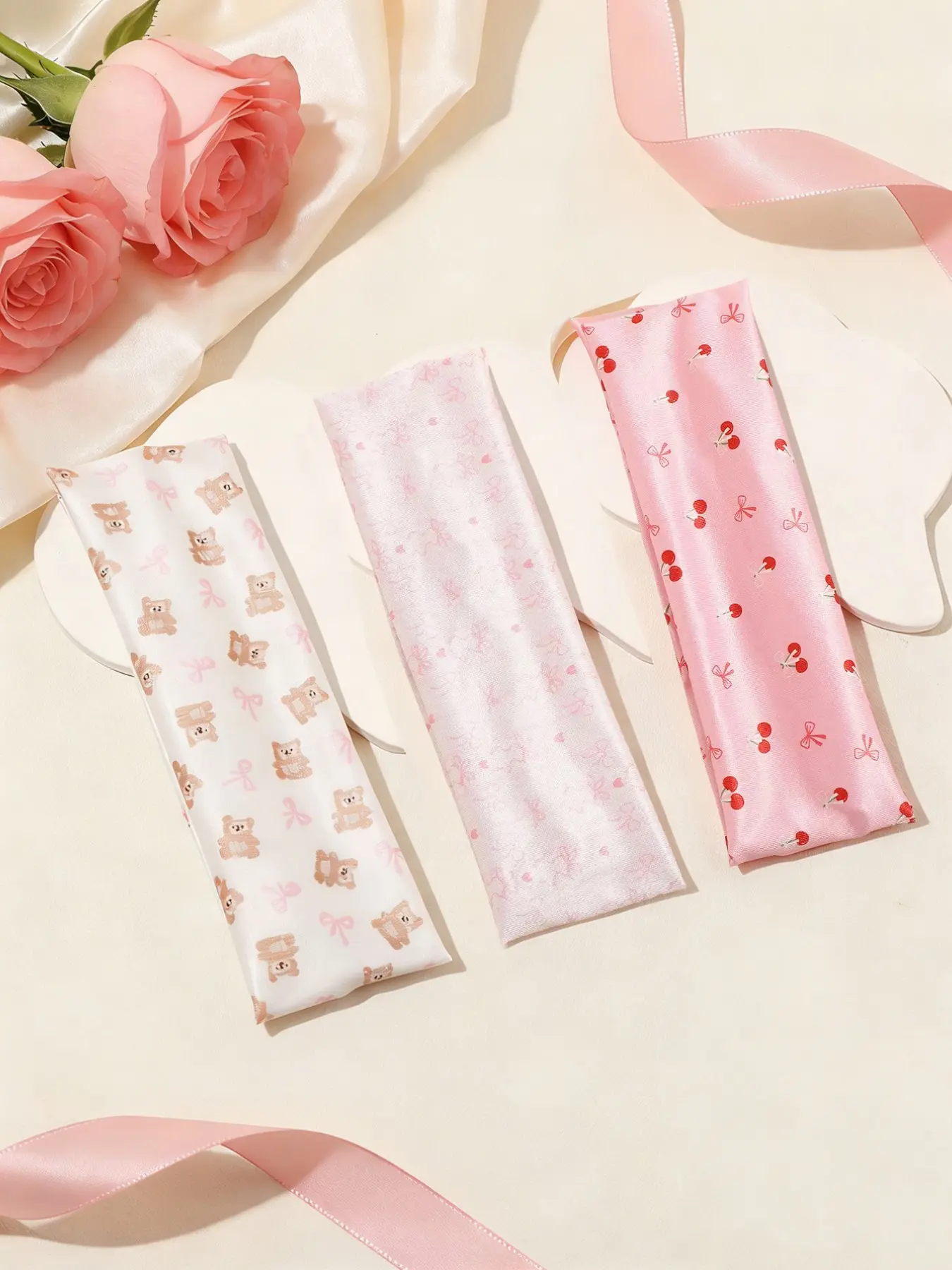3pcs Sweet Cute Cartoon Bear Bow Cherry Wide Hair Tie, Sweat-Absorbent Elastic Hair Band for Daily Use and Sports, Elastic Hair Accessory