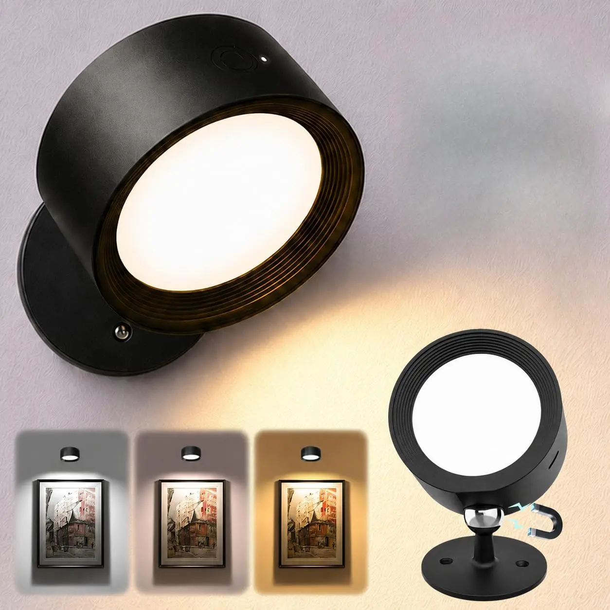 2 Pcs Modern Wireless Rechargeable LED Wall Lamps - Adjustable Touch Lighting, 3 Colors Dimmable, 360° Rotatable Indoor Wall Sconces for Bedroom Bedside Reading, Wall Lamp