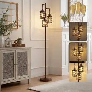 70" Farmhouse Dimmable Floor Lamp, Walnut Brown Industrial Metal Cage Standing Lamp with 3 LED Bulbs, Stepless Dimming Tall Tree Lamp for Living Room, Bedroom, Office, Corner