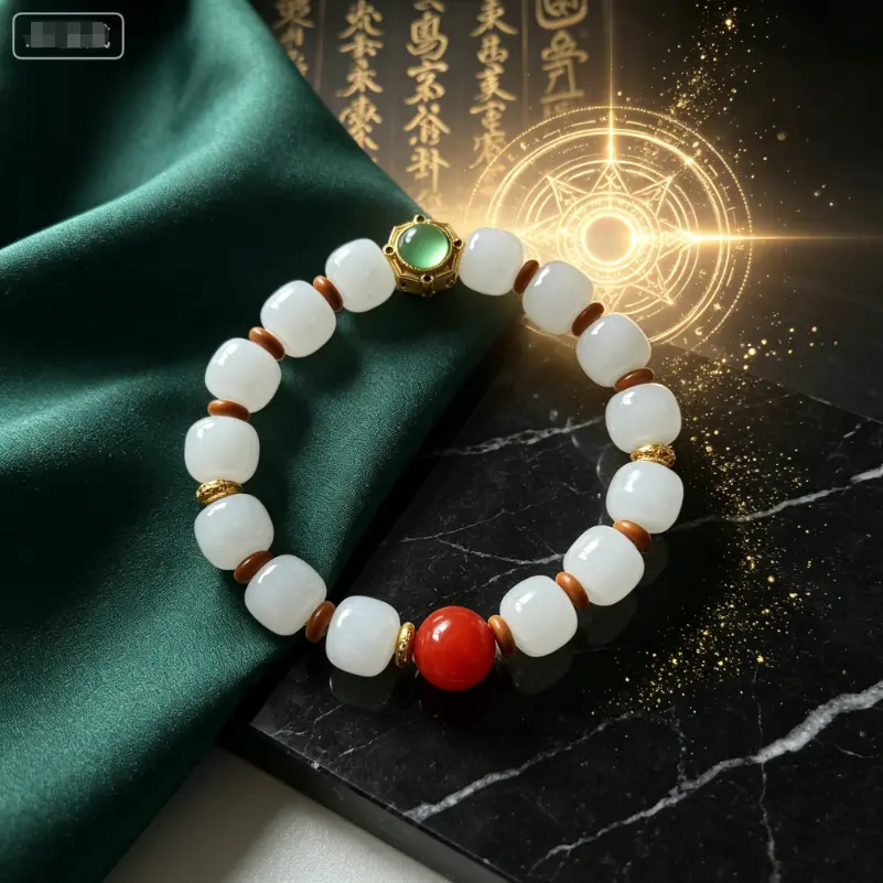 Elegant White Jade Taoist Bracelet, Energy Healing Crystal Beaded Bracelet with Gold Inlaid Grape Stone & Red Agate Amulet Daily Wear Jewelry