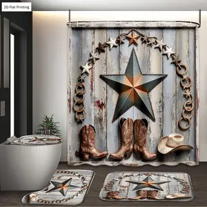 1/3/4PCS Rustic Western Star Cowboy Boots and Hat Shower Curtain Set with Rugs, Non Slip Bath Mat, U-Shape Carpet, Toilet Lid Cover, 12 Hooks, Home Bathroom Decor, Bathroom Decoration Accessories, Bathroom Supplies