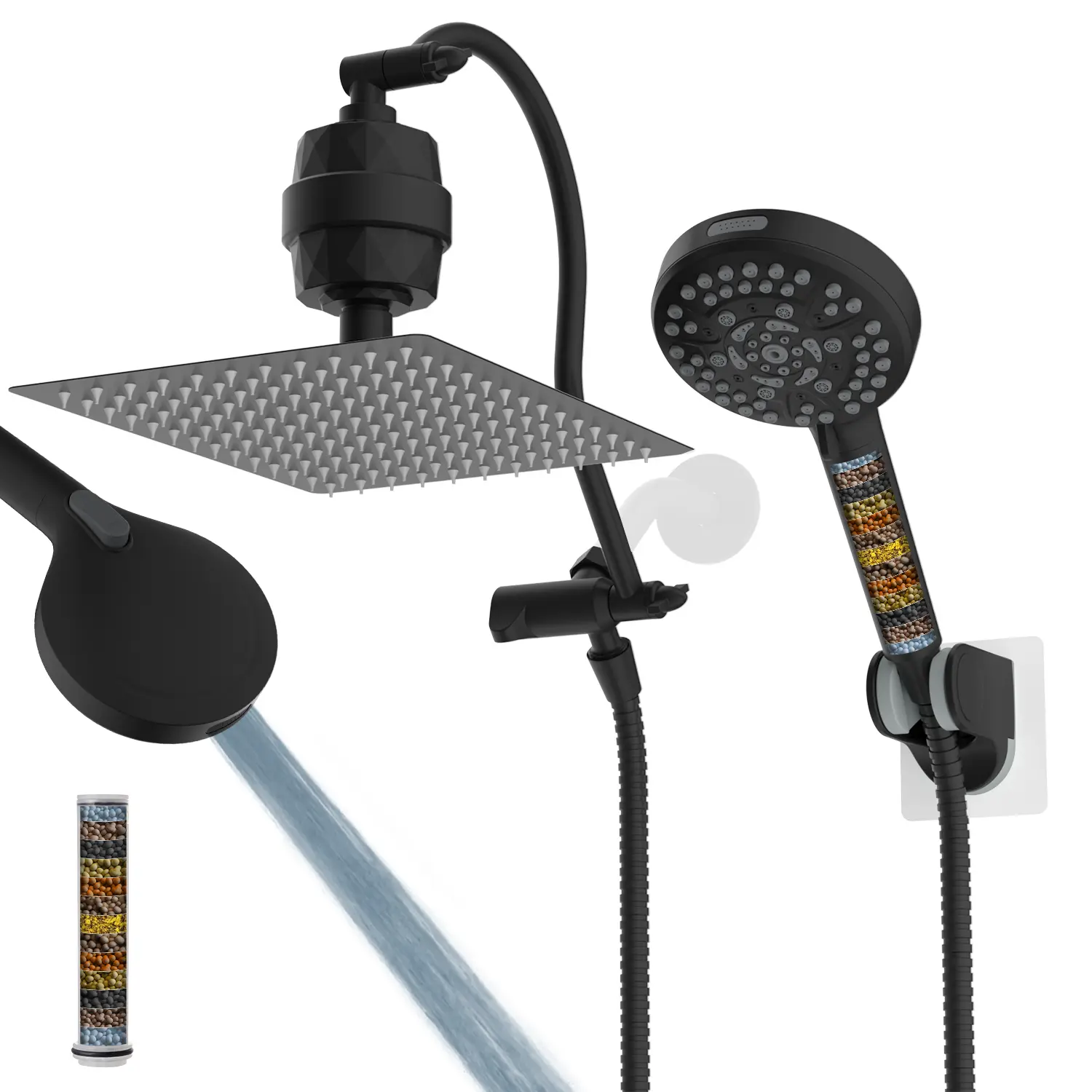 Hibbent All Metal 10'' Dual Filtered Rainfall Shower Head Combo, High Pressure Handheld Shower Head with 12'' Adjustable Curved Extension Arm, 20 Stage Shower Filter, 10-spray, 71'' Hose, Matte Black