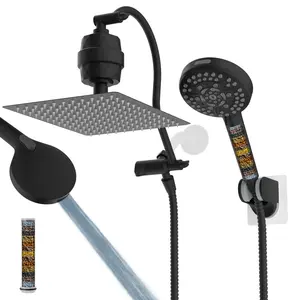 Hibbent All Metal 10'' Dual Filtered Rainfall Shower Head Combo, High Pressure Handheld Shower Head with 12'' Adjustable Curved Extension Arm, 20 Stage Shower Filter, 10-spray, 71'' Hose, Matte Black