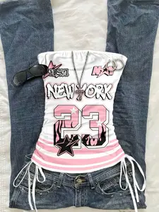 Women's Summer Drawstring Tie Front Cut Out Tube Top, Fashion Vacation Slim Fit Sports Print Tank Top, Stylish Casual Wear