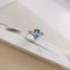 Aquamarine Design Blue Teardrop Ring INS Minimalist Full Zircon Teardrop Ring for Women