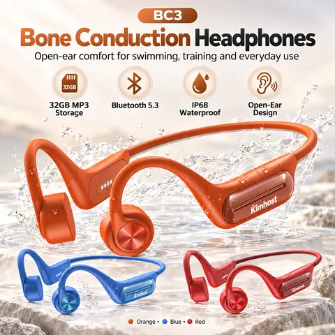 Bone Conductor Bluetooth Headphones BC3 Pro - Open Ear Cordless Earbuds with Built-in 32GB MP3, 8H Playtime, Built-in Batteries, IP68 Sweat/Dust Resistance, Active Noise Cancellation for Running, Workouts, Cellphones