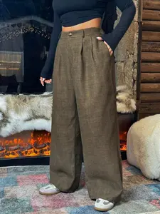 Plus Size Women's Retro Plaid Pleated Pants, Fall Winter Graduation Back to School, Teacher, Casual Workwear