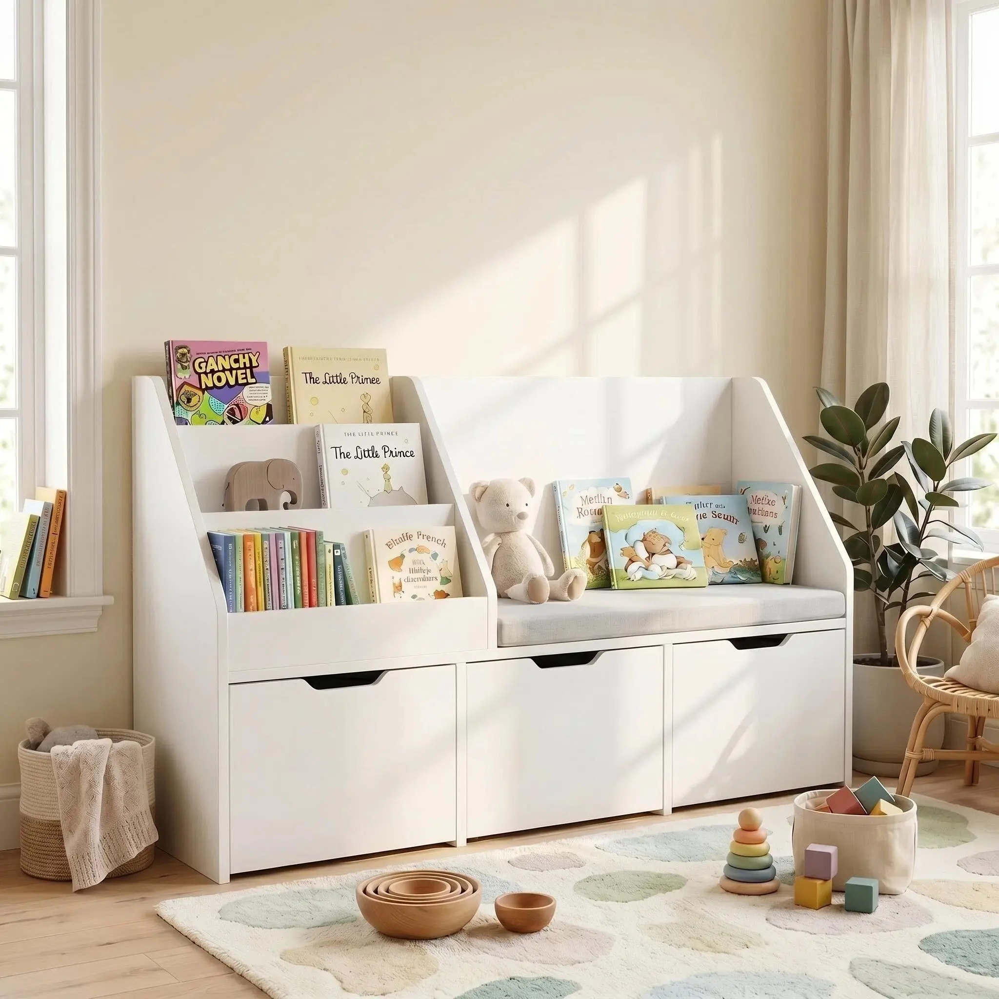 DAYAGO Kids' Bookshelf with Reading Nook, Soft Cushion, 3-Drawer Storage with Hidden Wheels, and 3-Tier Shelves for Toys & Books