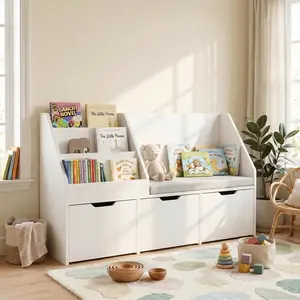 DAYAGO Kid's Bookcase with with Reading Nook, Soft Cushion and 3 Drawers with Hidden Wheels, 3 Tier Shelves, Spacious Storage for Toys and Books