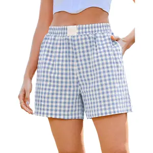 Womens Boxer Shorts Cotton Plaid Gingham Shorts Summer Elastic Waist Pajama Buttoms with Pockets