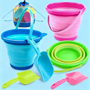 3 Pack Foldable Beach Buckets with Shovels & Mesh Bag | Portable Collapsible Pails