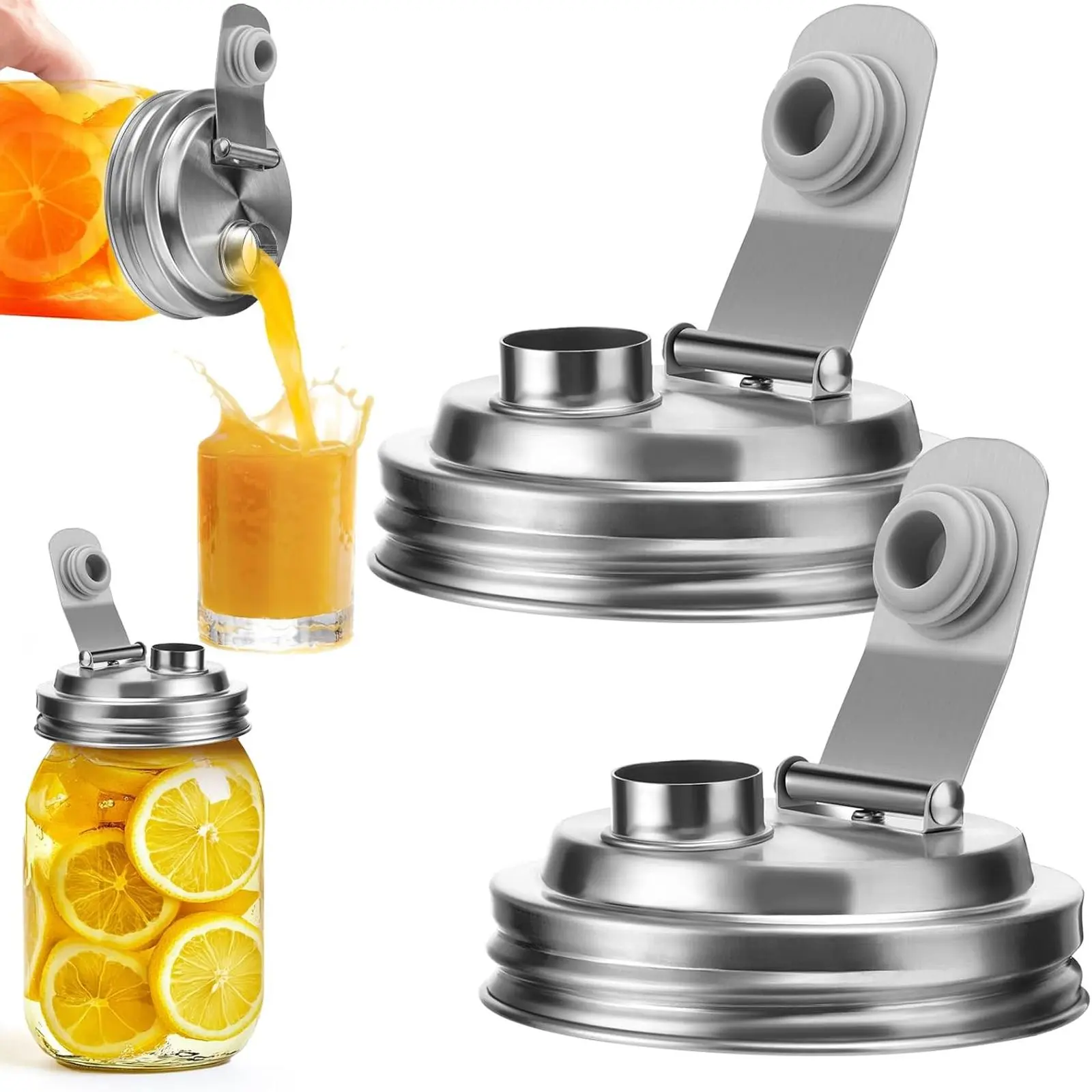 Stainless Steel Reusable Can Lids Set (2-Count) - Wide Mouth Mason Jar Flip Cap Pour Spout Seals, Leakproof Spill-Proof Jar Sealer for Food Containers, Kitchen Preserving Canisters, Maintain Freshness Drinkware, Leakproof Food Storage
