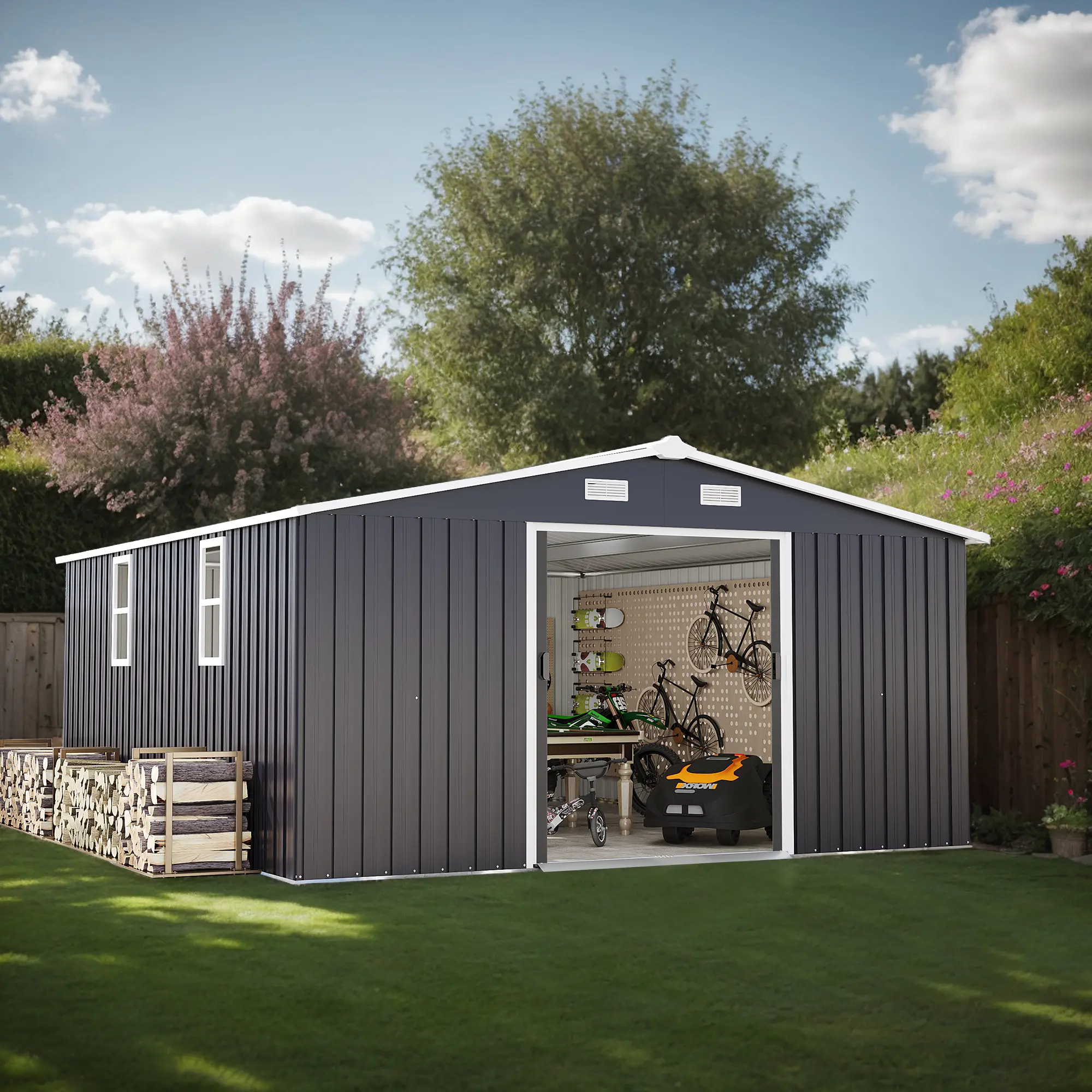 10x12 FT Sturdy Stable Outdoor Metal Storage Shed, 0.25mm Color Steel Building with 2 Daylight Windows, Protective Film, 2 Pairs of Anti-Slip Gloves & Compact Wrench, for Backyards, Commercial Spaces