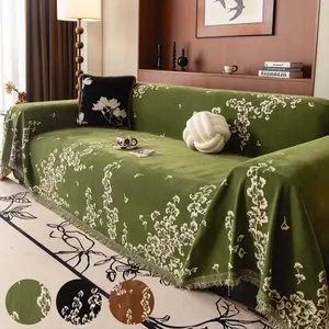1PC Floral Fringed Sofa Throw – Decorative Green Couch Cover, Sofa Slipcover, Non-Slip & Dustproof Sofa Blanket, Pet-Friendly & Machine Washable Furniture Protector for Living Room, Bedroom & Apartment, Sofa Cushion Cover, Sofa Couch Covers