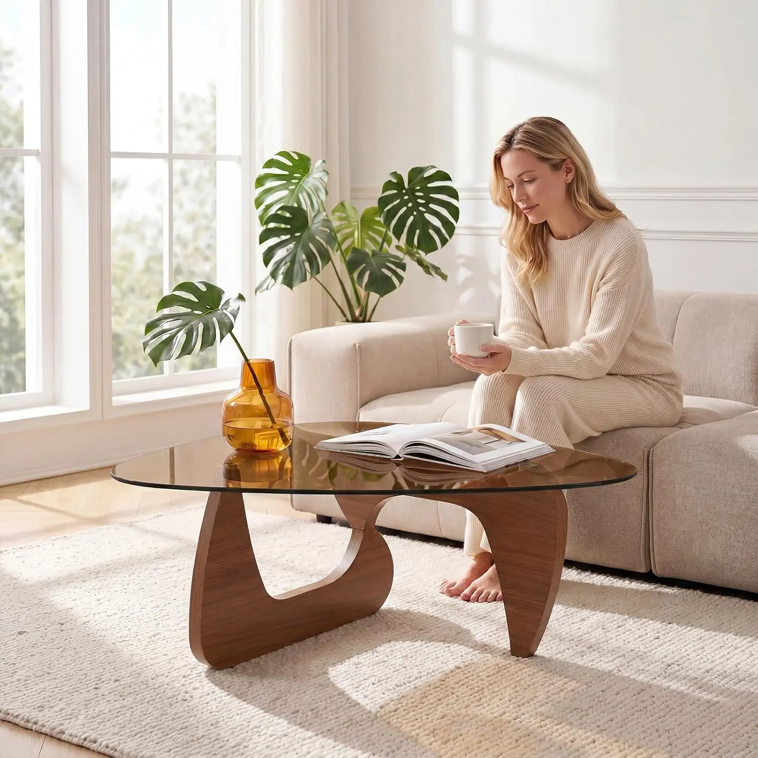 Modern Glass Coffee Table, 43.3" Irregular aTriangle Smoked Tempered Glass Top, Walnut Finish Plywood Base, Abstract Accent Center Table for Living Room, Small Space & Home Office